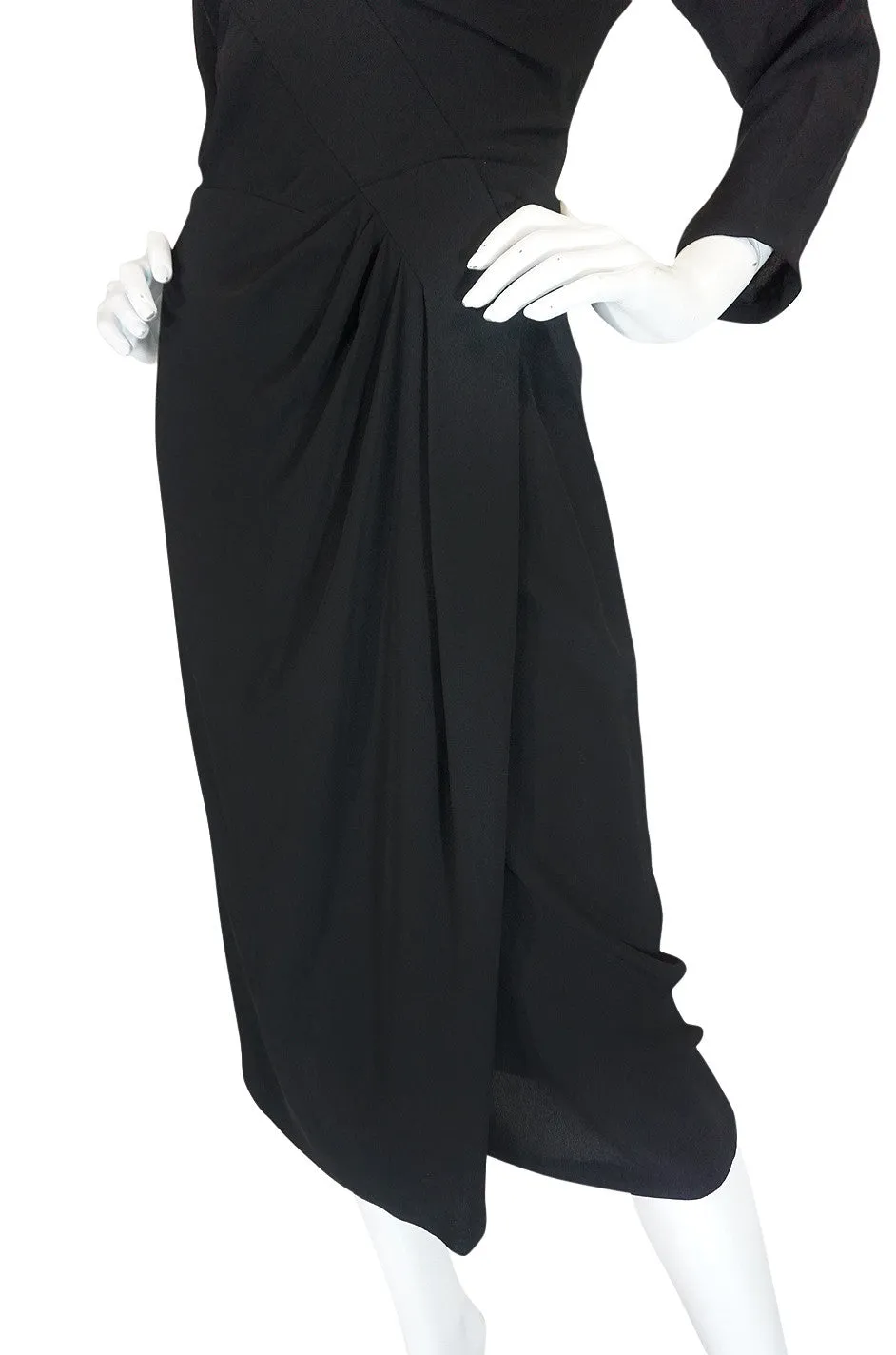 1950s Dorothy O'Hara Draped Front Black Crepe Dress