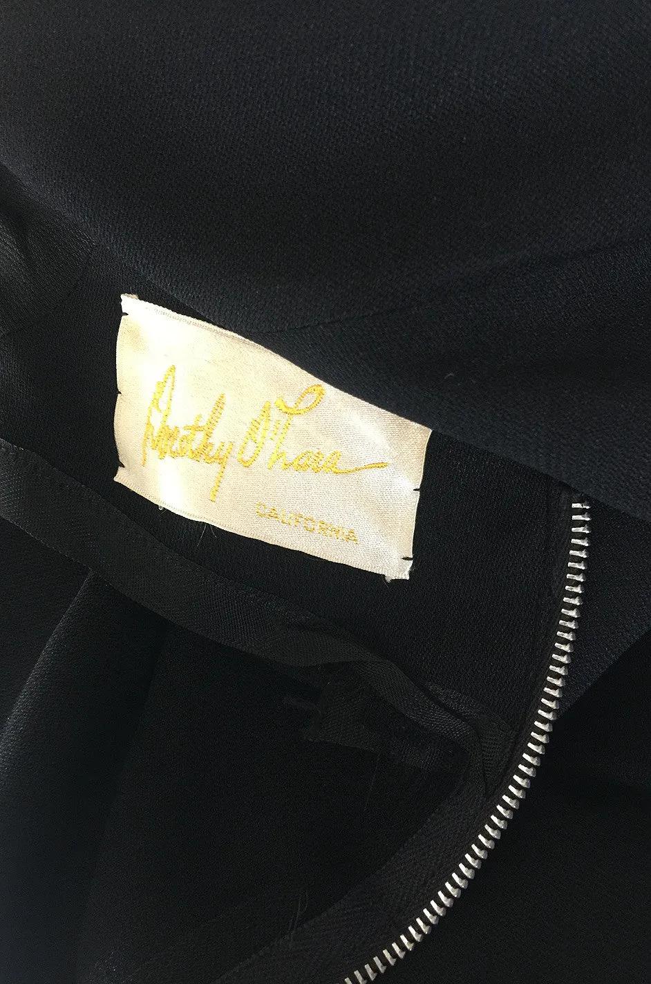1950s Dorothy O'Hara Draped Front Black Crepe Dress
