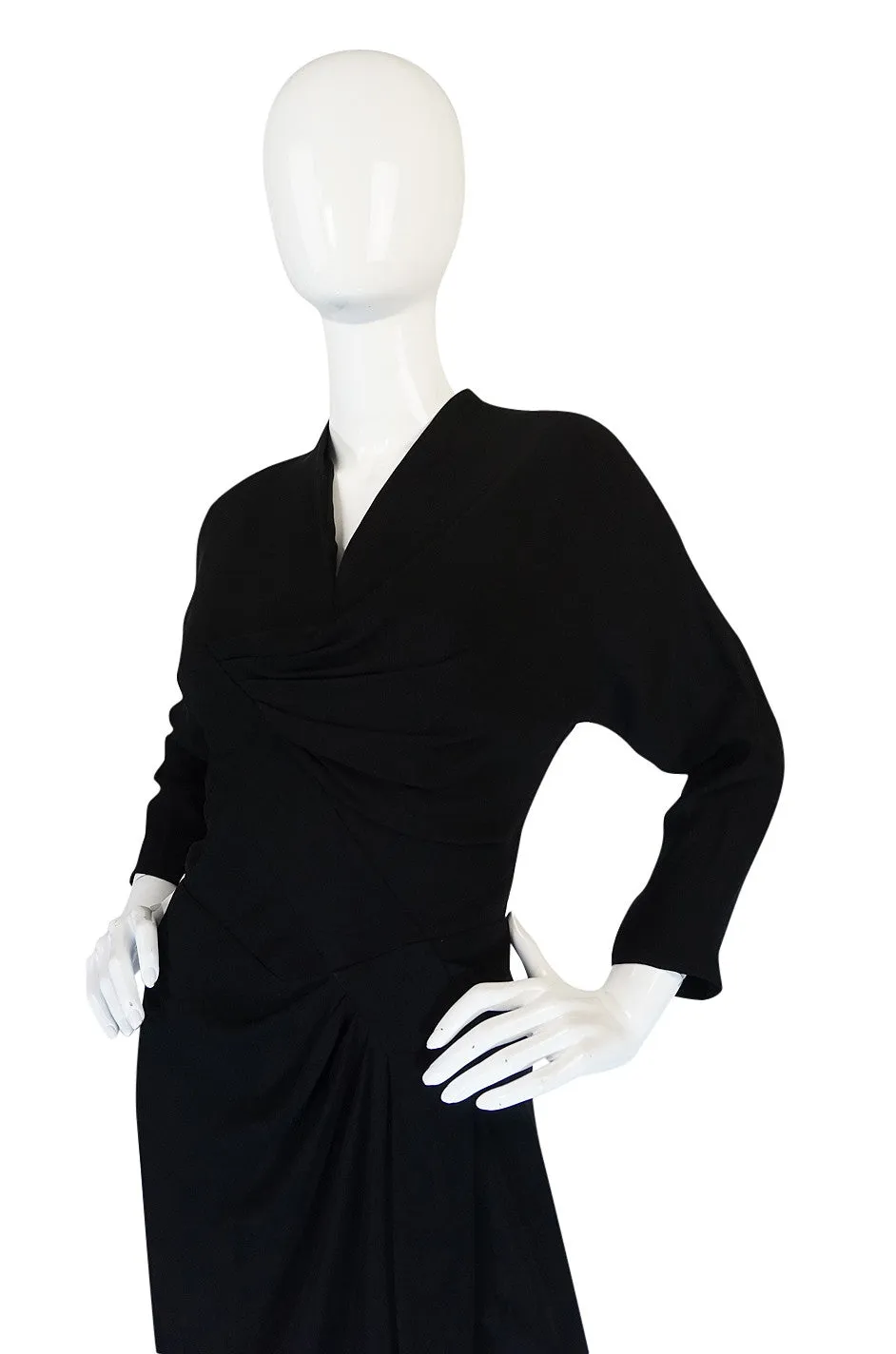 1950s Dorothy O'Hara Draped Front Black Crepe Dress