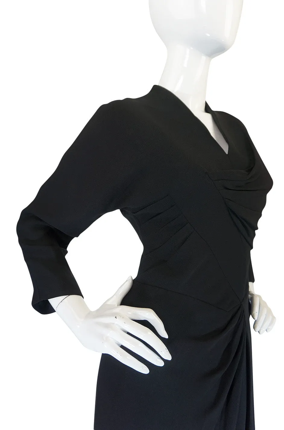 1950s Dorothy O'Hara Draped Front Black Crepe Dress