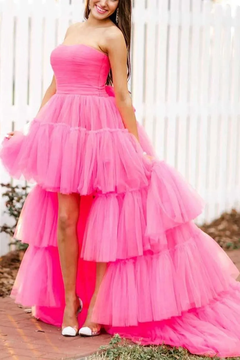 A-line High Low Strapless Tulle Prom Dresses with Ruffles