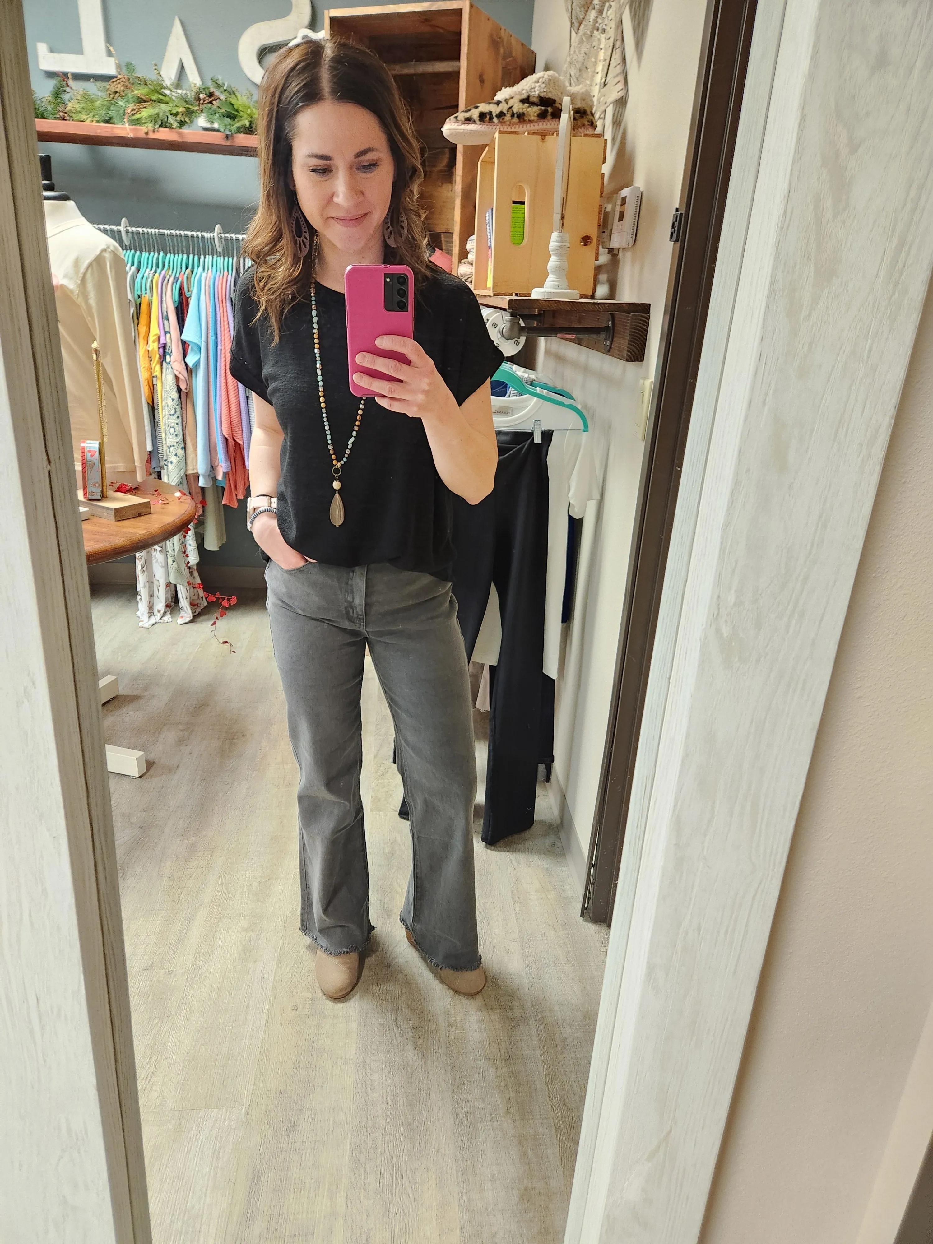 Acid Washed Frayed Cutoff Hem Straight Wide Pants (2 colors)