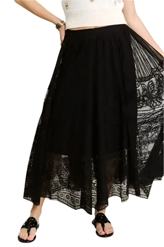 ADORA Elastic Waist Raw Hem Lace Maxi Skirt