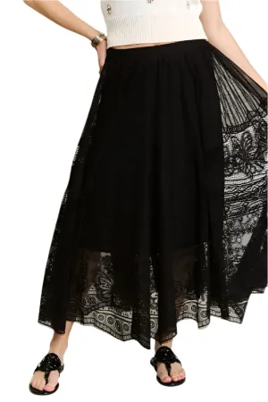 ADORA Elastic Waist Raw Hem Lace Maxi Skirt