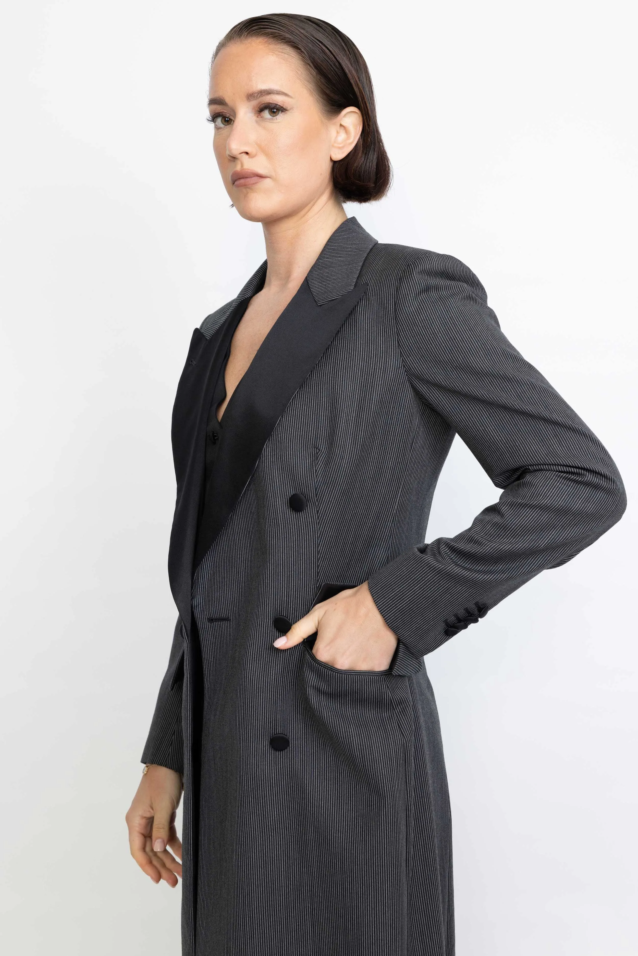 Agueda Limited Edition Coat - Midi-length coat in black pinstripe