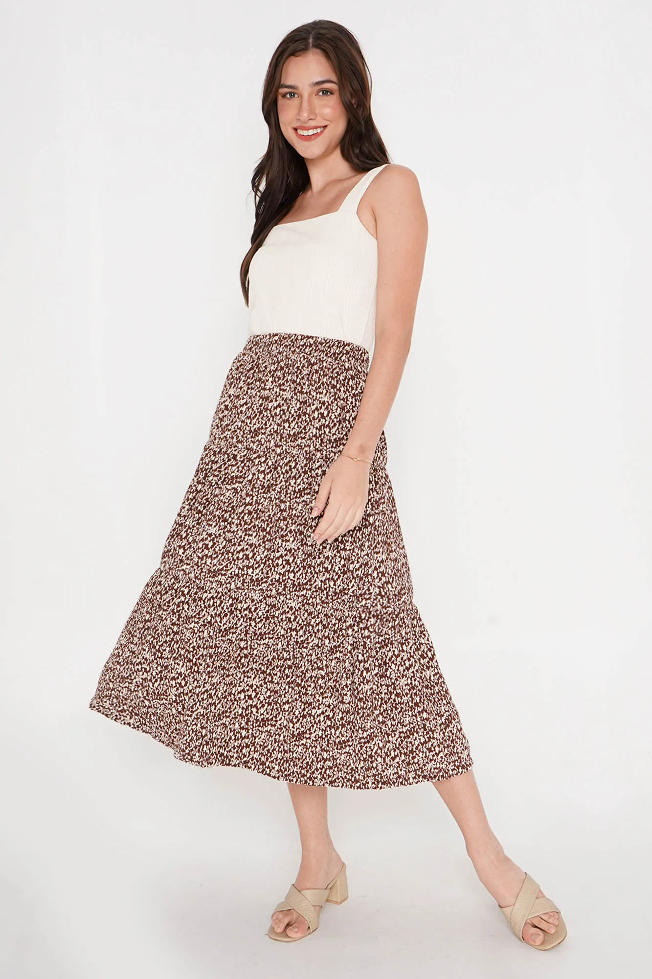 All Over Print Tiered Midi Skirt