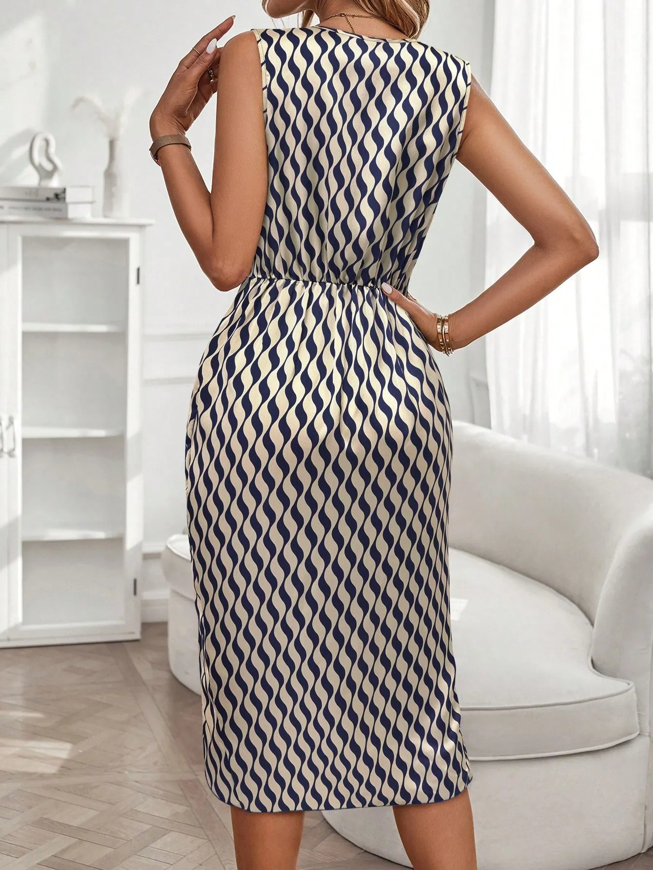 Allover Print Draped Front Dress