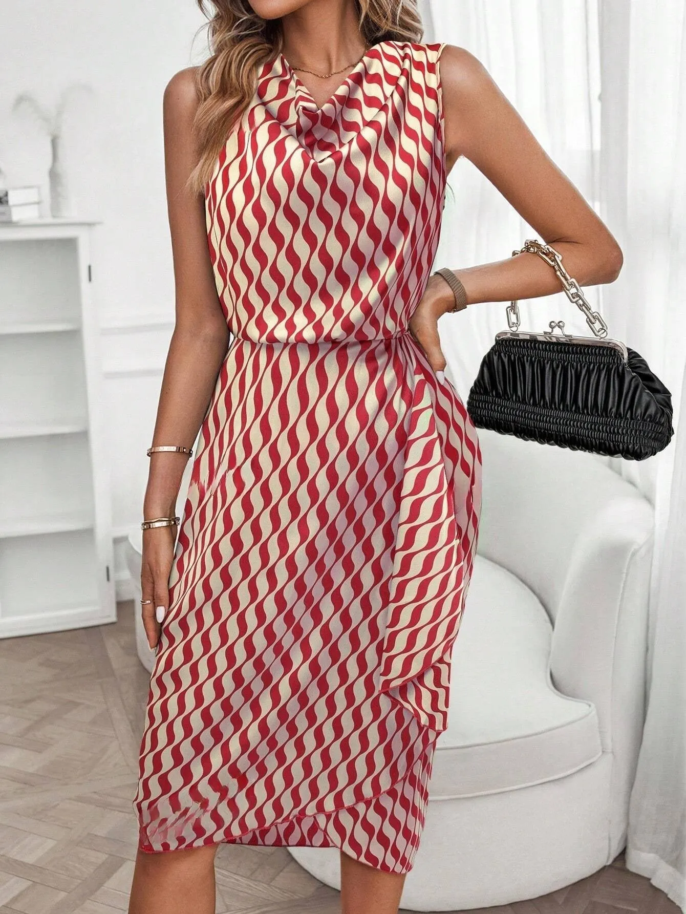 Allover Print Draped Front Dress