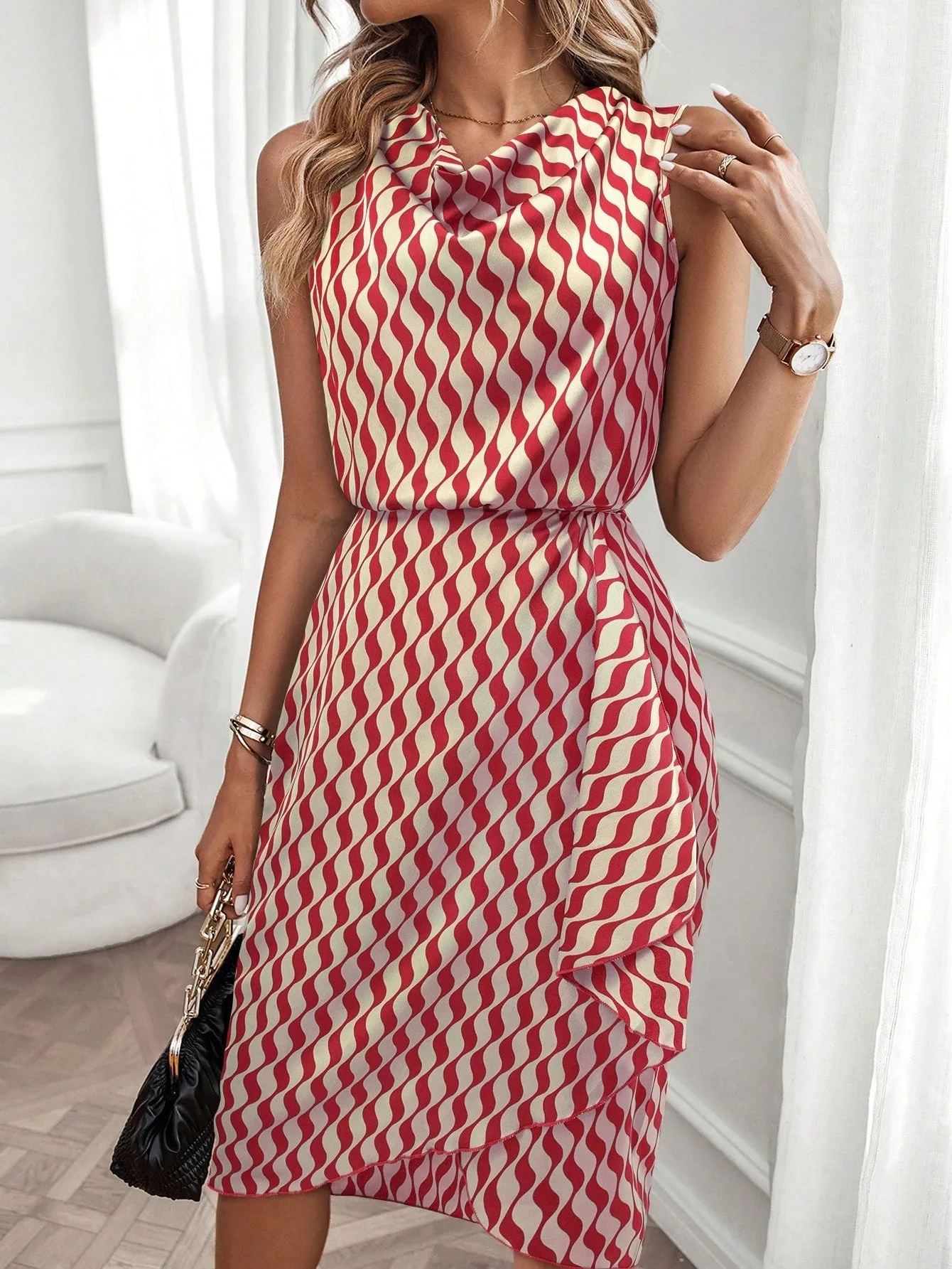 Allover Print Draped Front Dress