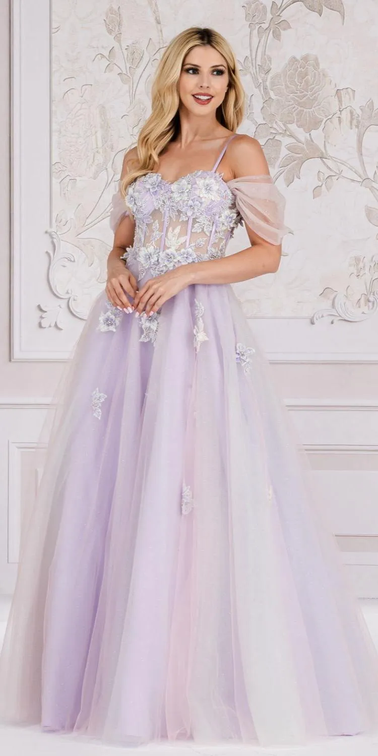 Amelia Couture 7044 Long A-Line Two Tone Tulle Skirt Cold Shoulder Gown