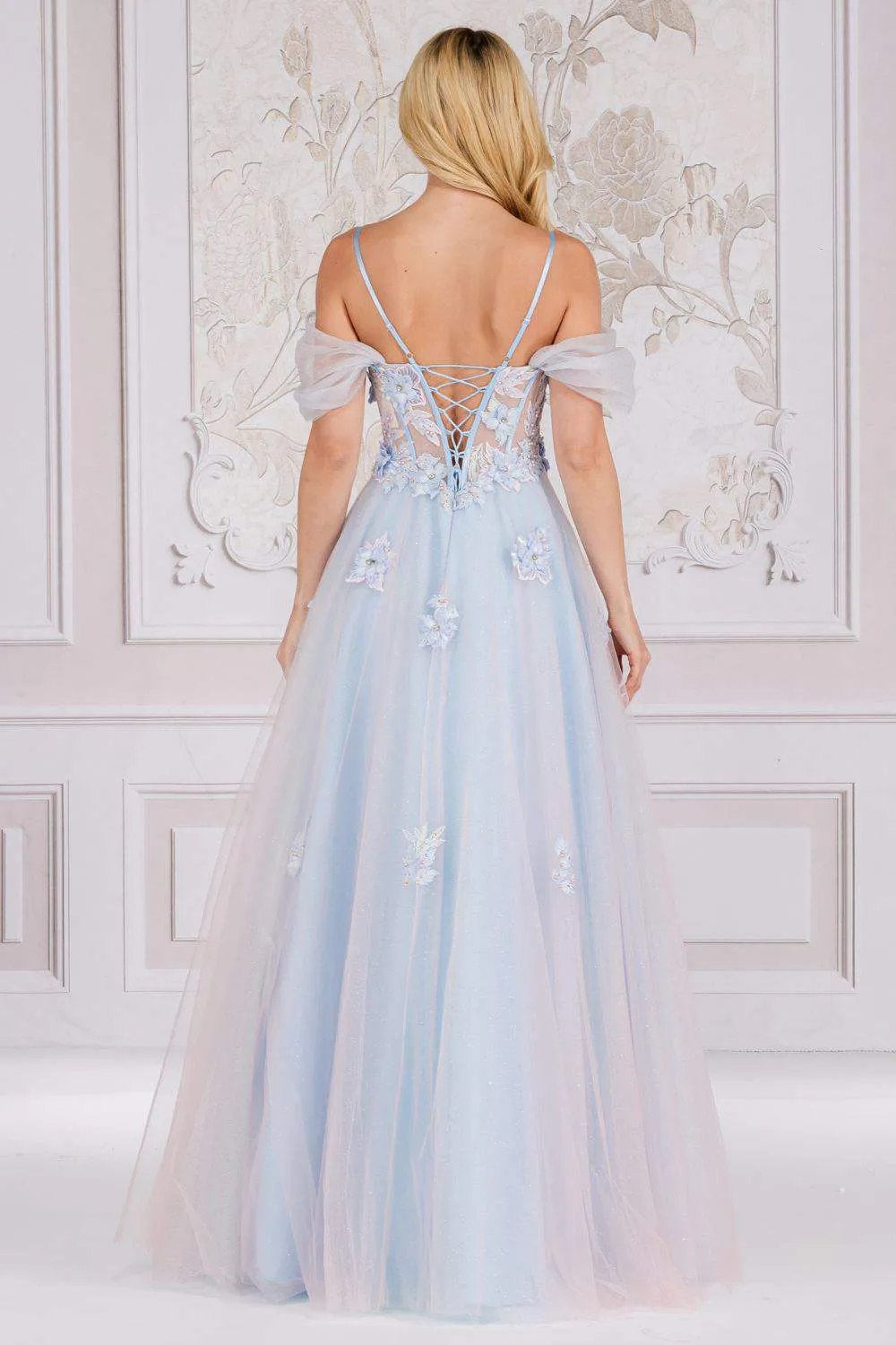 Amelia Couture 7044 Long A-Line Two Tone Tulle Skirt Cold Shoulder Gown