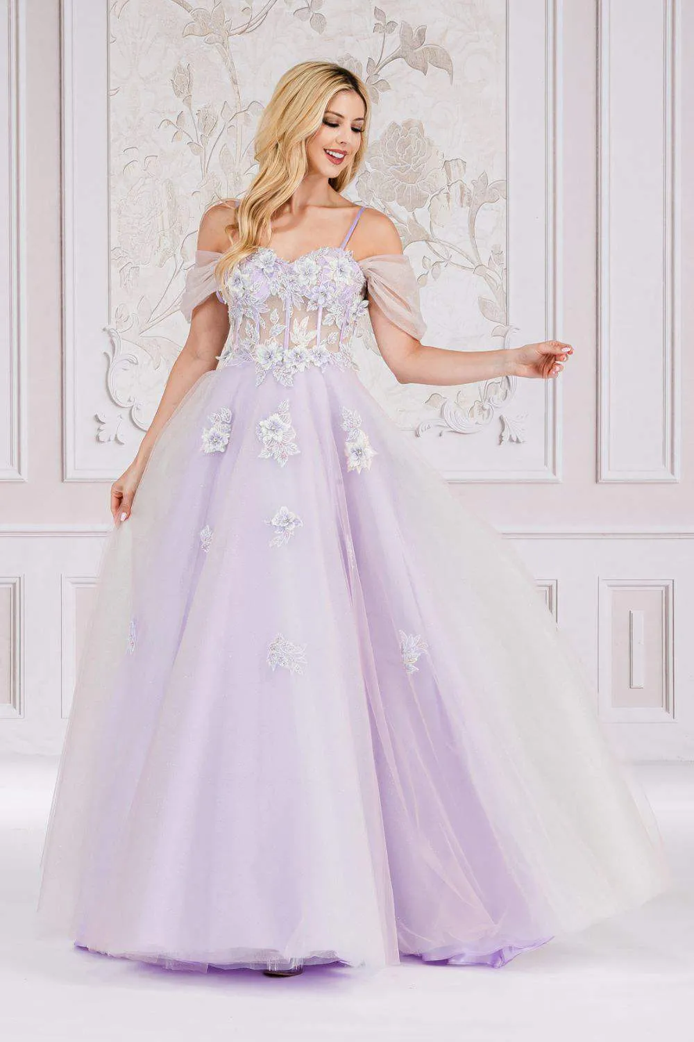 Amelia Couture 7044 Long A-Line Two Tone Tulle Skirt Cold Shoulder Gown