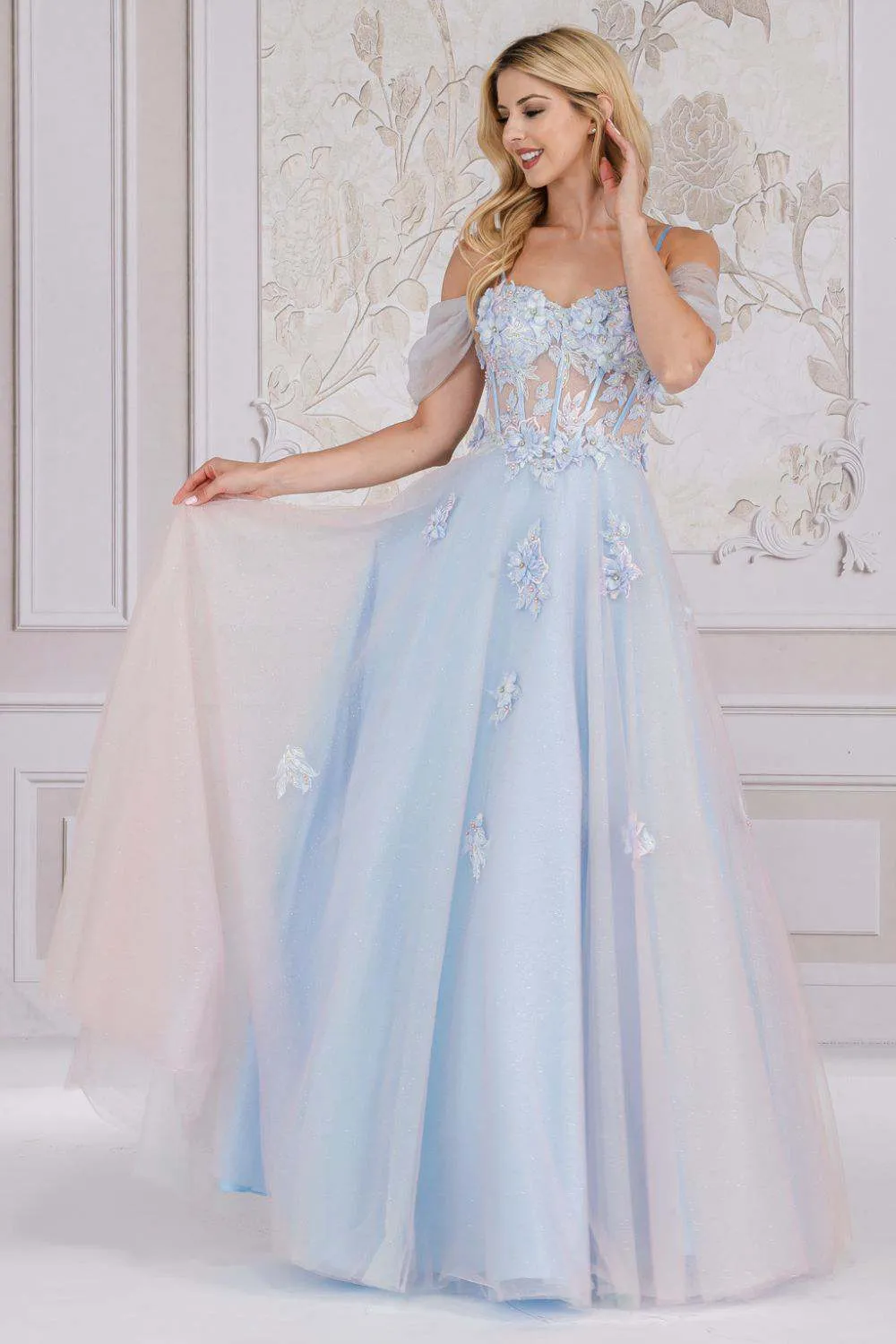 Amelia Couture 7044 Long A-Line Two Tone Tulle Skirt Cold Shoulder Gown