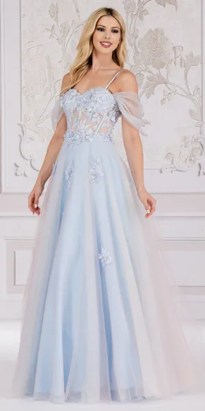 Amelia Couture 7044 Long A-Line Two Tone Tulle Skirt Cold Shoulder Gown