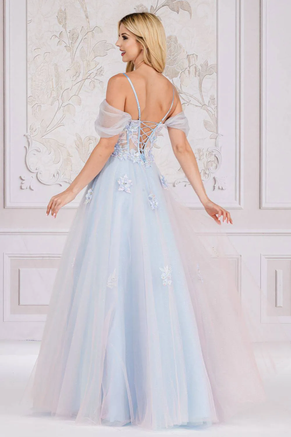 Amelia Couture 7044 Long A-Line Two Tone Tulle Skirt Cold Shoulder Gown
