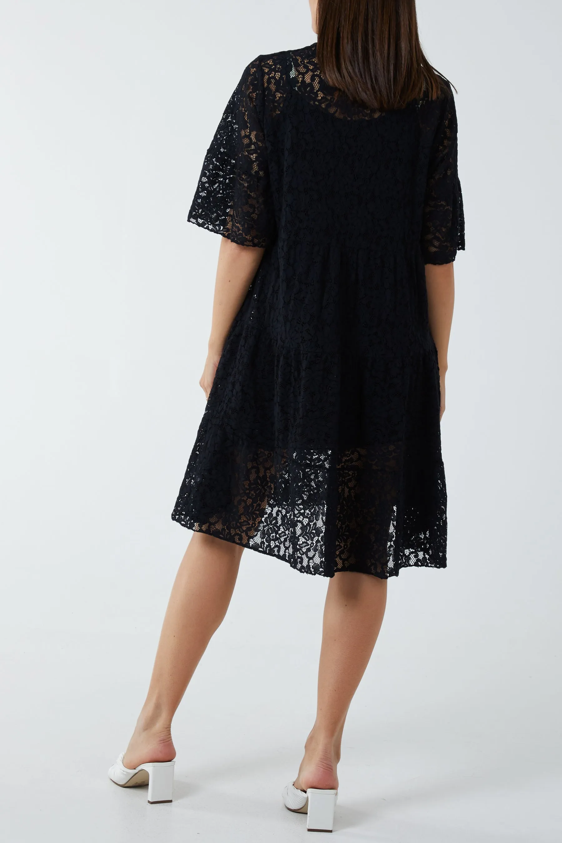 Angel Sleeve Tiered Lace Dress