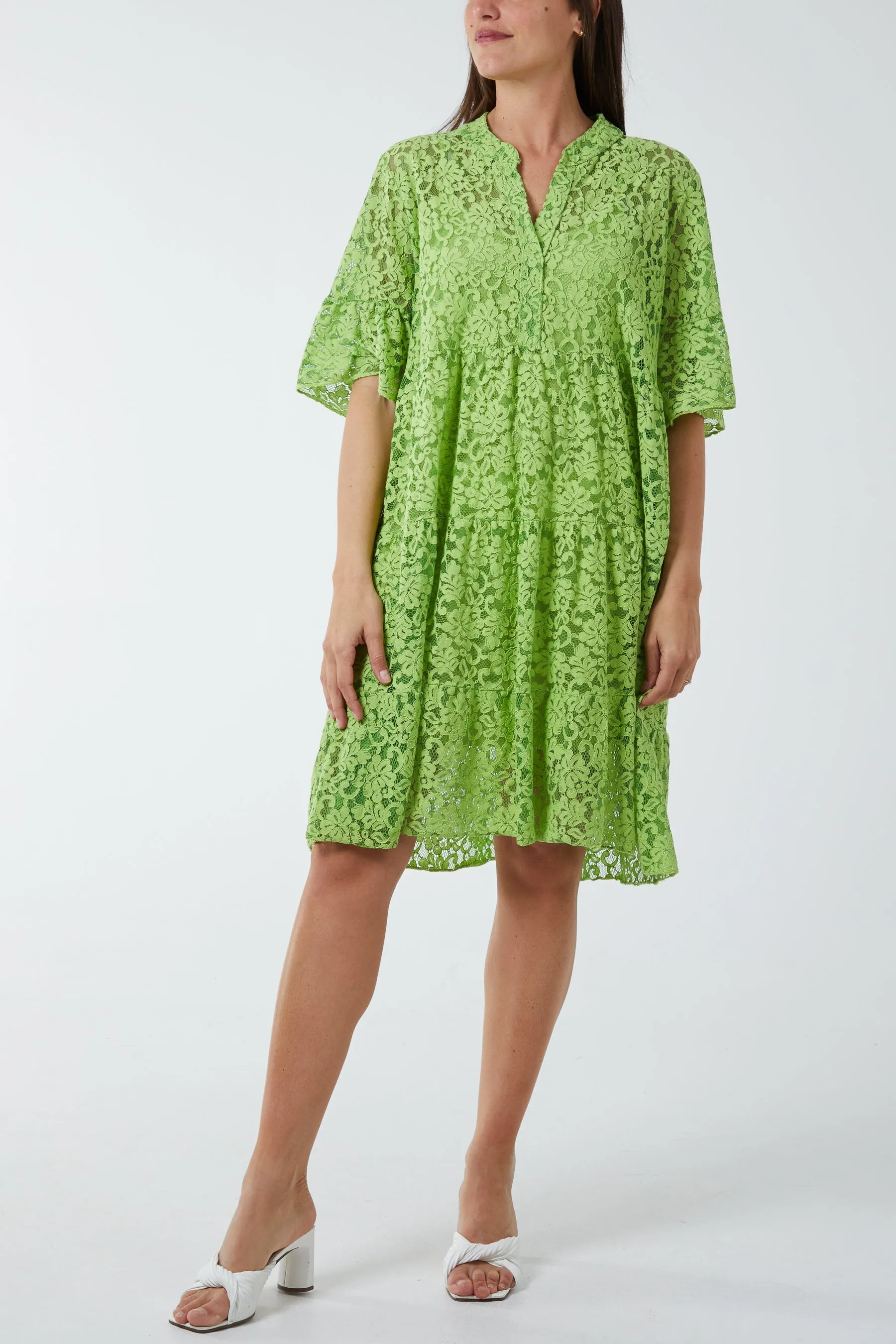 Angel Sleeve Tiered Lace Dress
