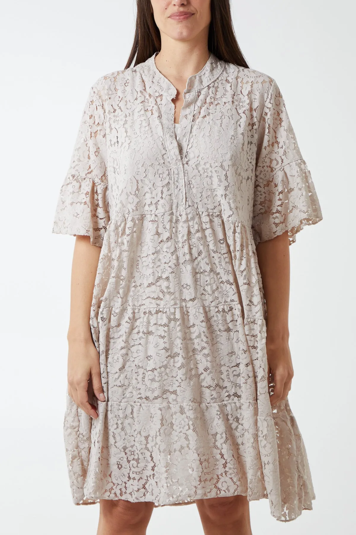 Angel Sleeve Tiered Lace Dress