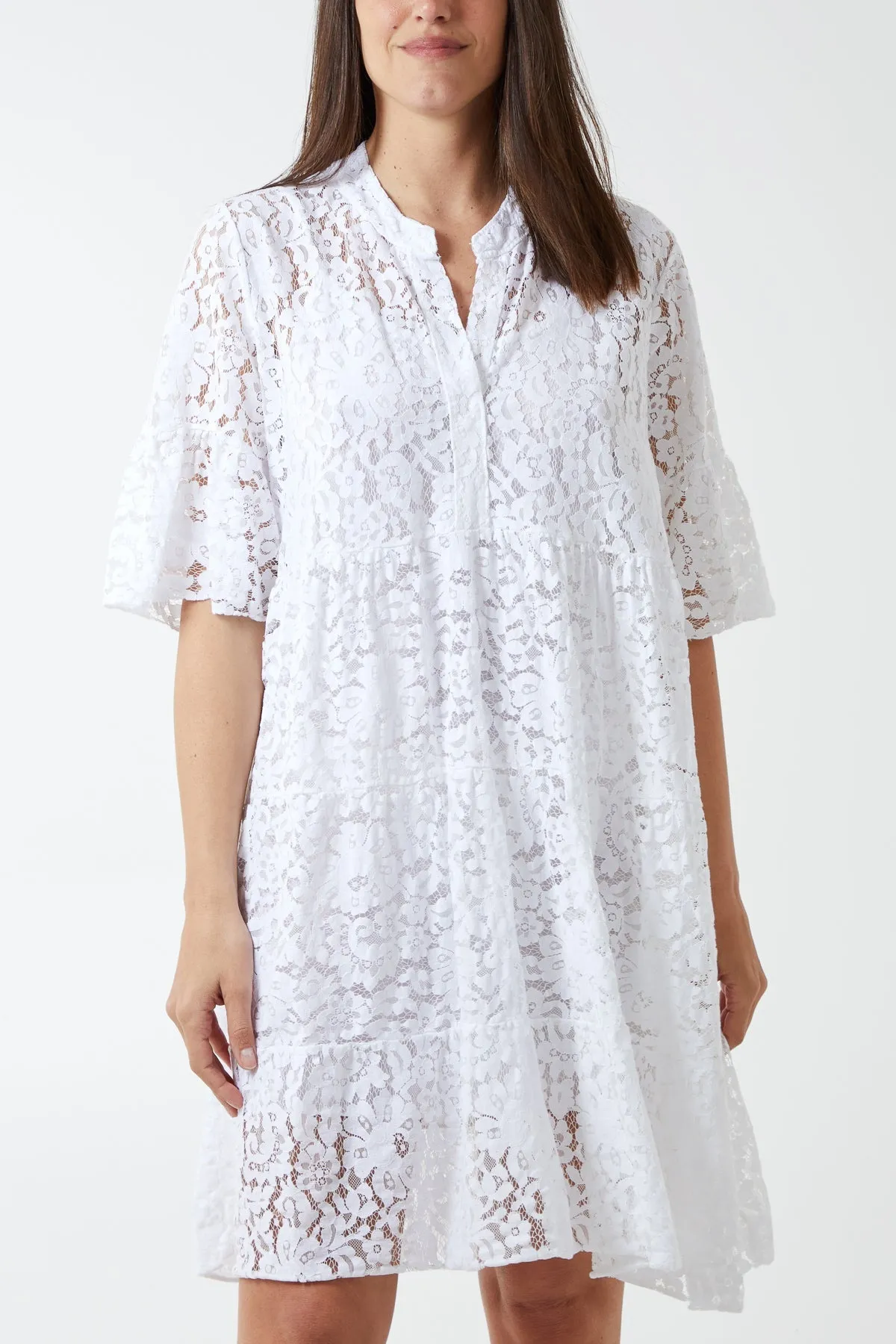 Angel Sleeve Tiered Lace Dress