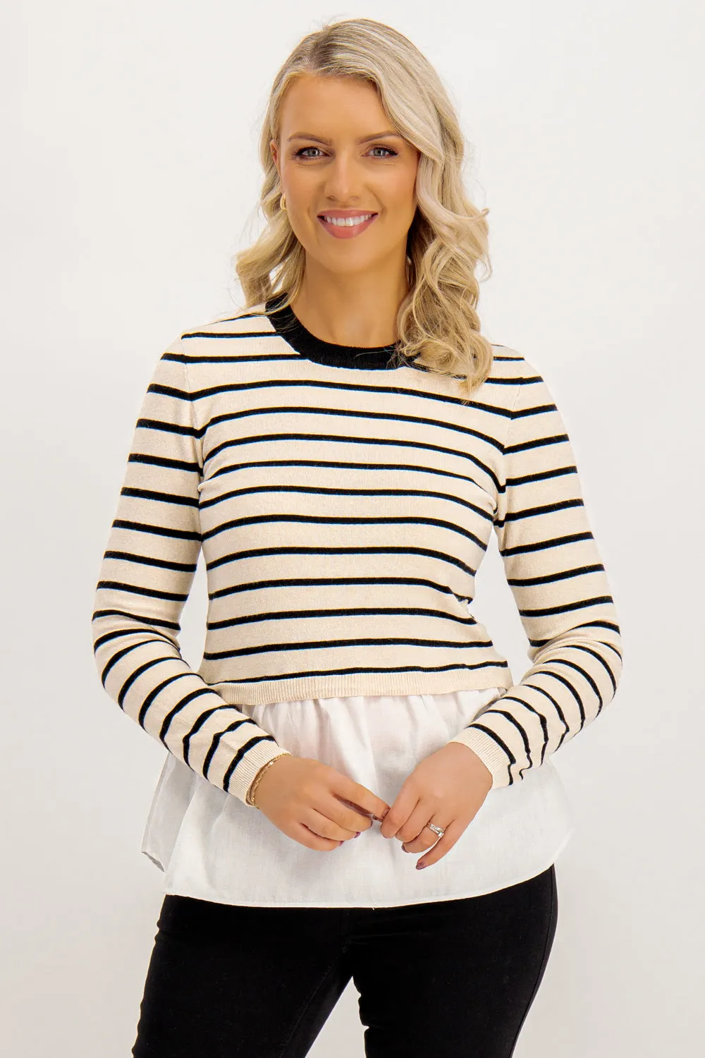 Angie Cloud Dancer Black Stripe Peplum Knit