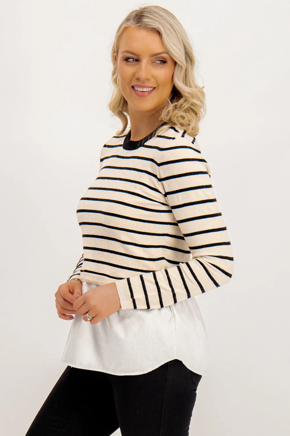 Angie Cloud Dancer Black Stripe Peplum Knit