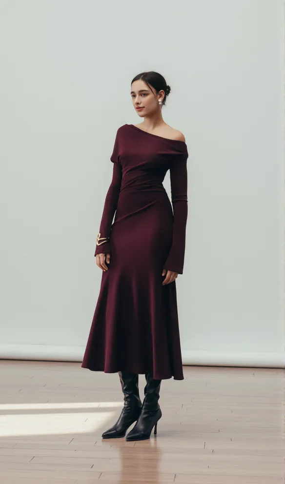Aria Draped maxi Dress in burgundy