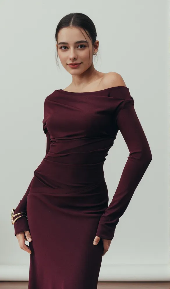 Aria Draped maxi Dress in burgundy