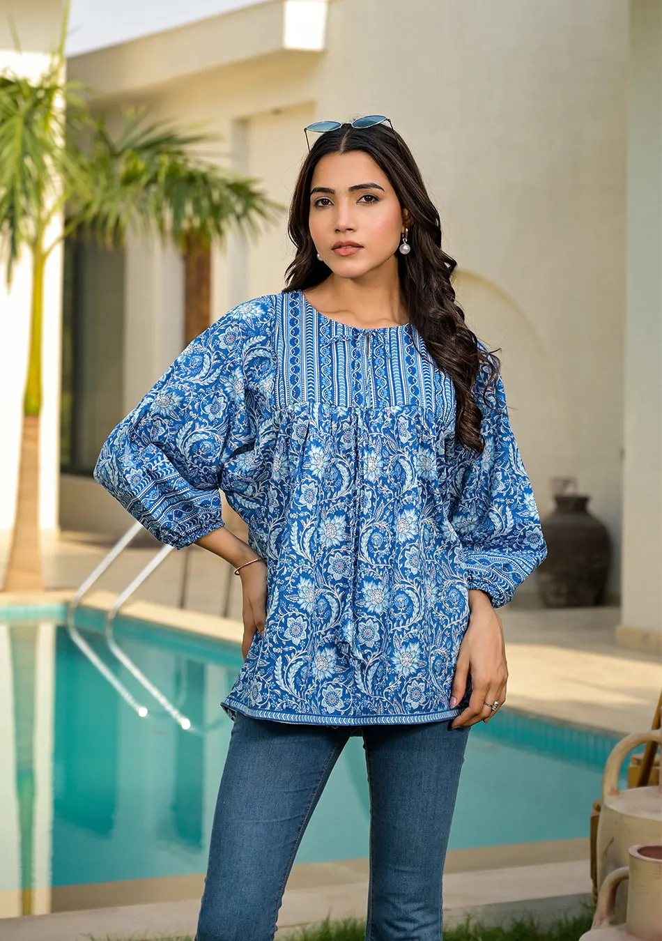 Azure Floral Cotton Peplum Top