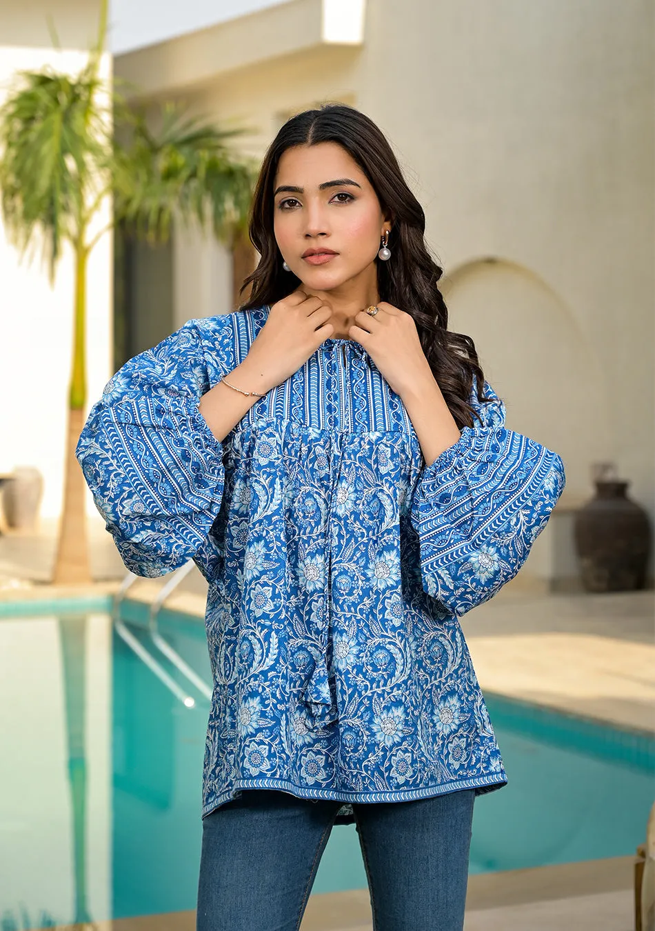 Azure Floral Cotton Peplum Top