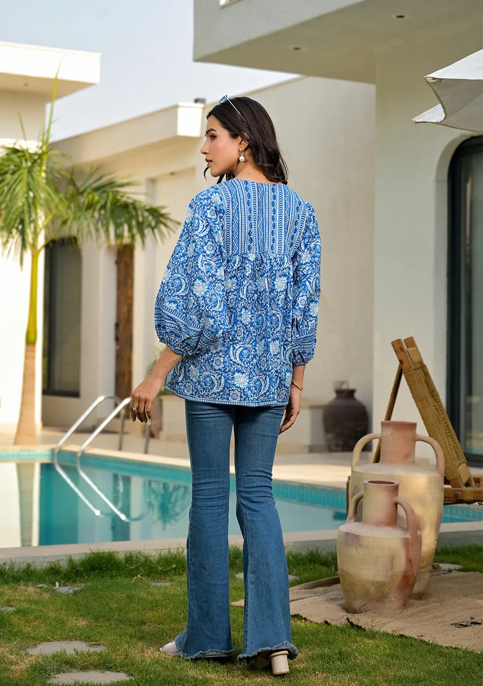 Azure Floral Cotton Peplum Top