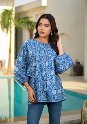 Azure Floral Cotton Peplum Top