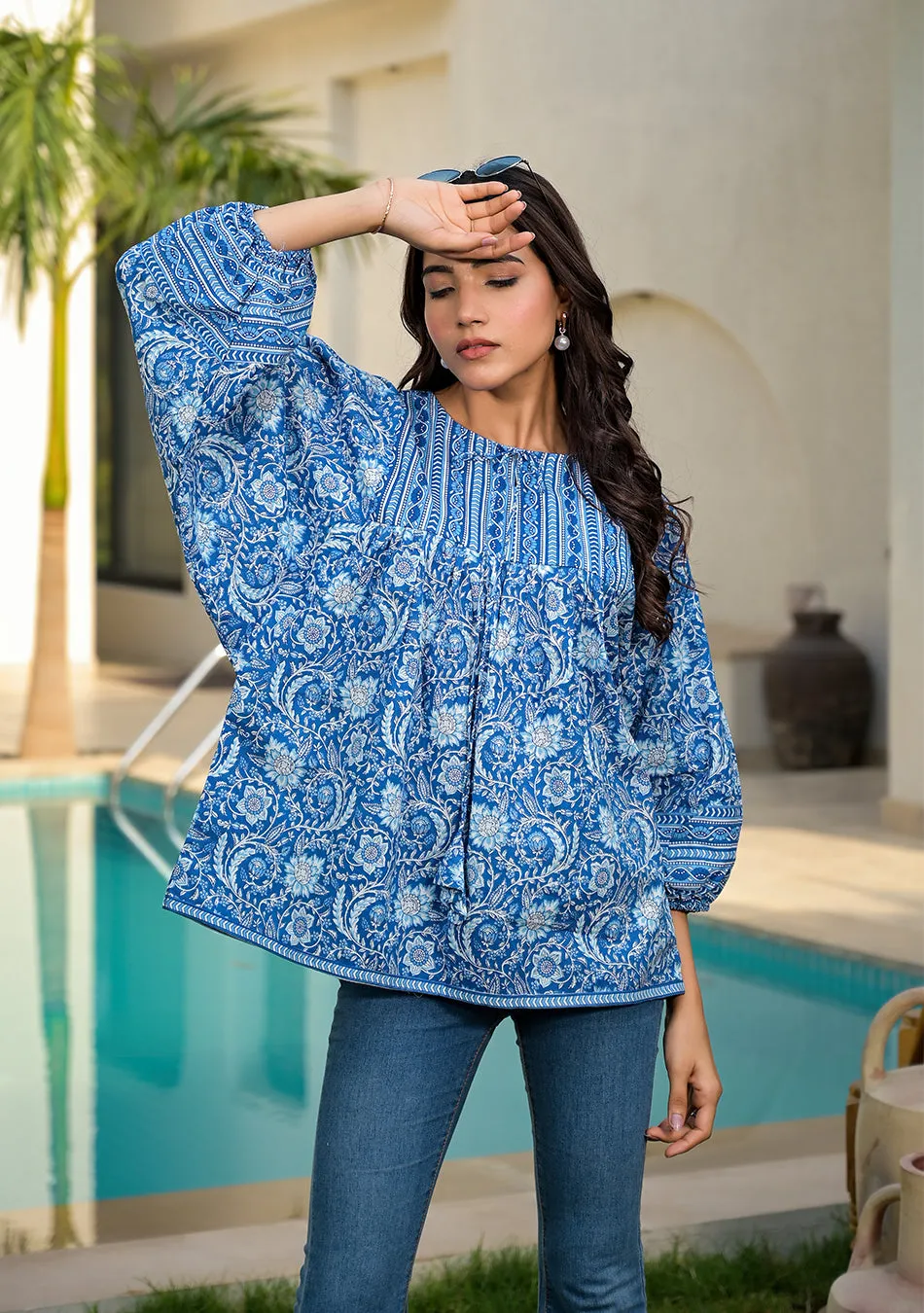 Azure Floral Cotton Peplum Top