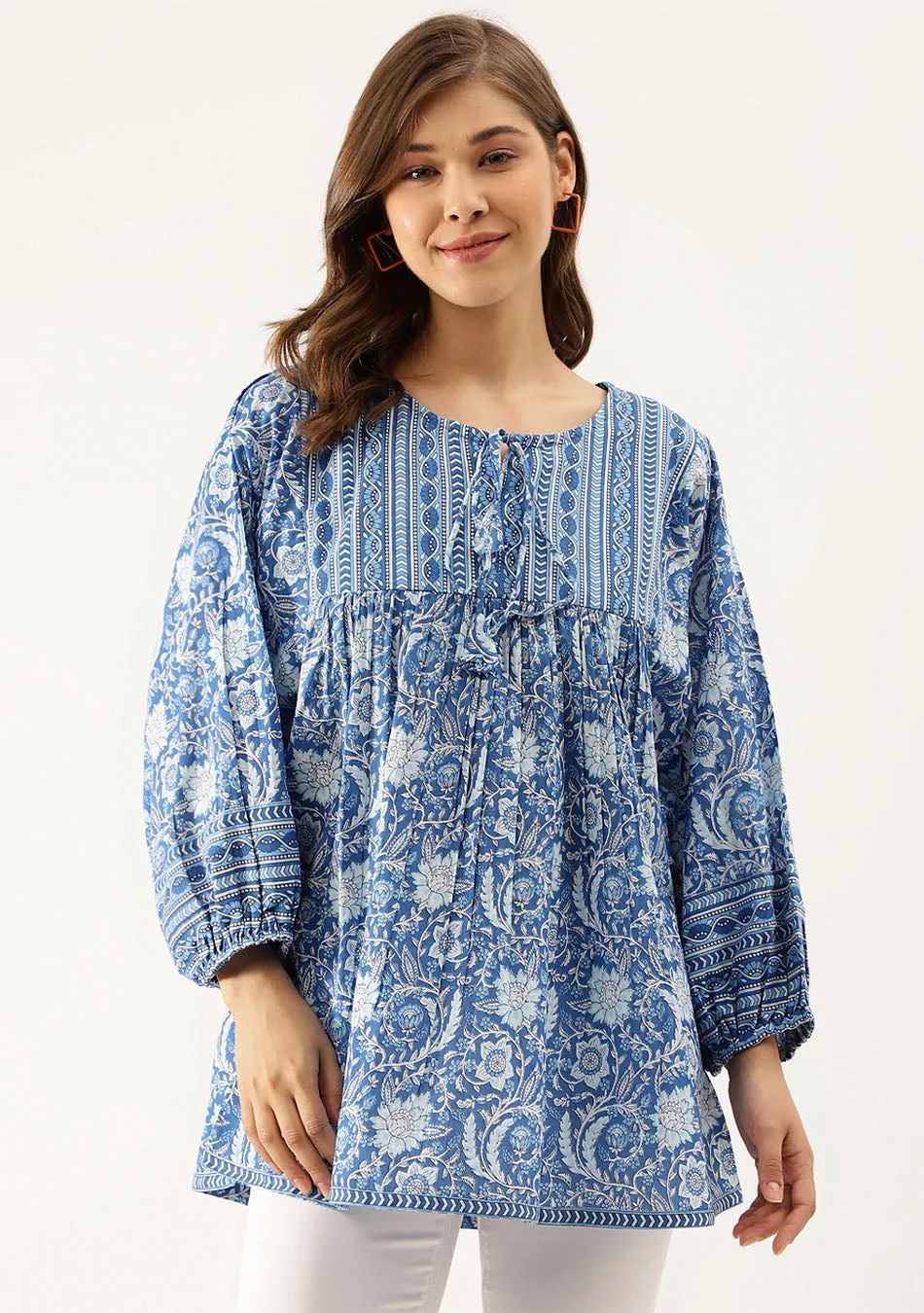 Azure Floral Cotton Peplum Top
