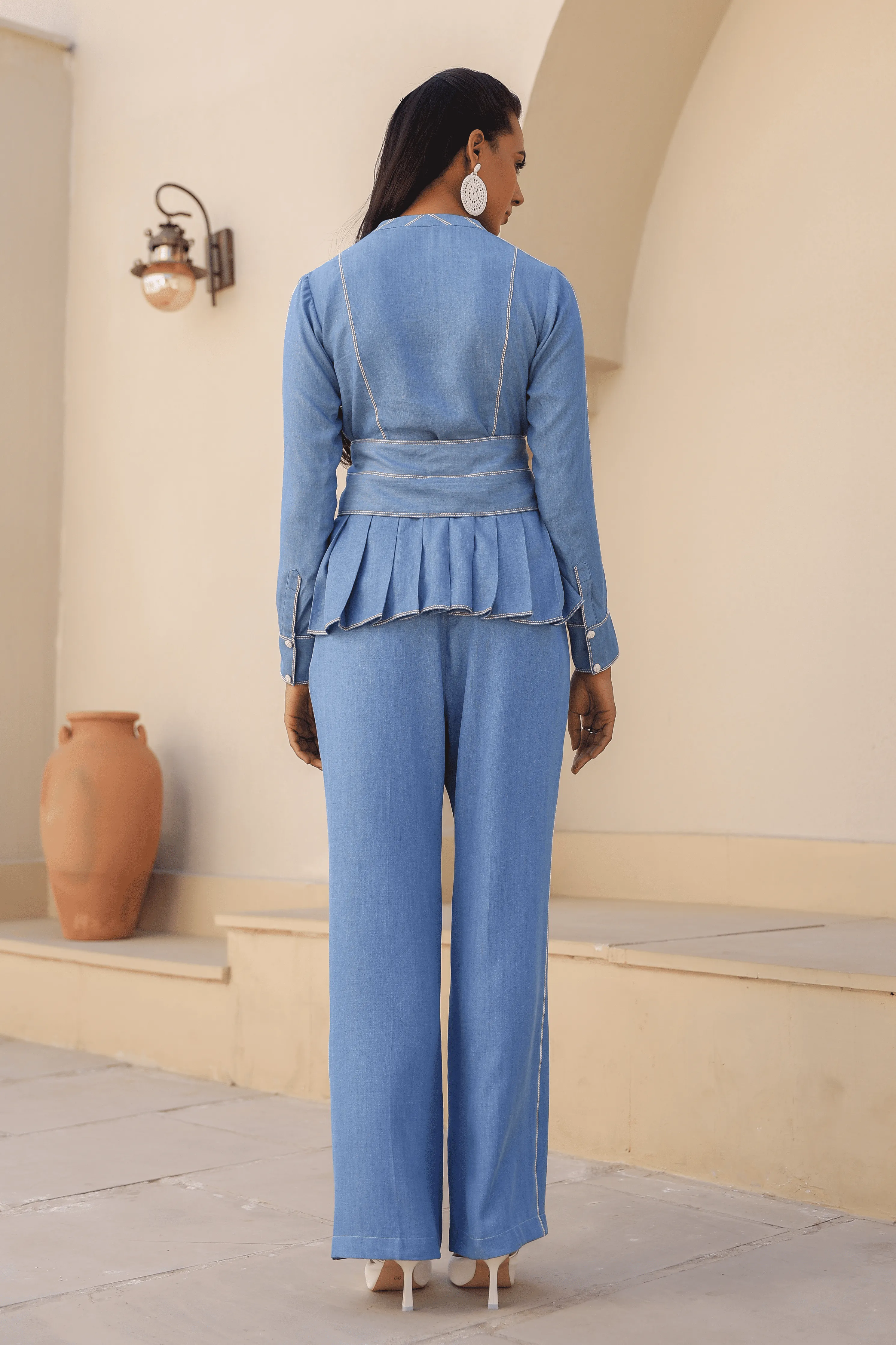 Azure Pleated Peplum Top in Light Blue