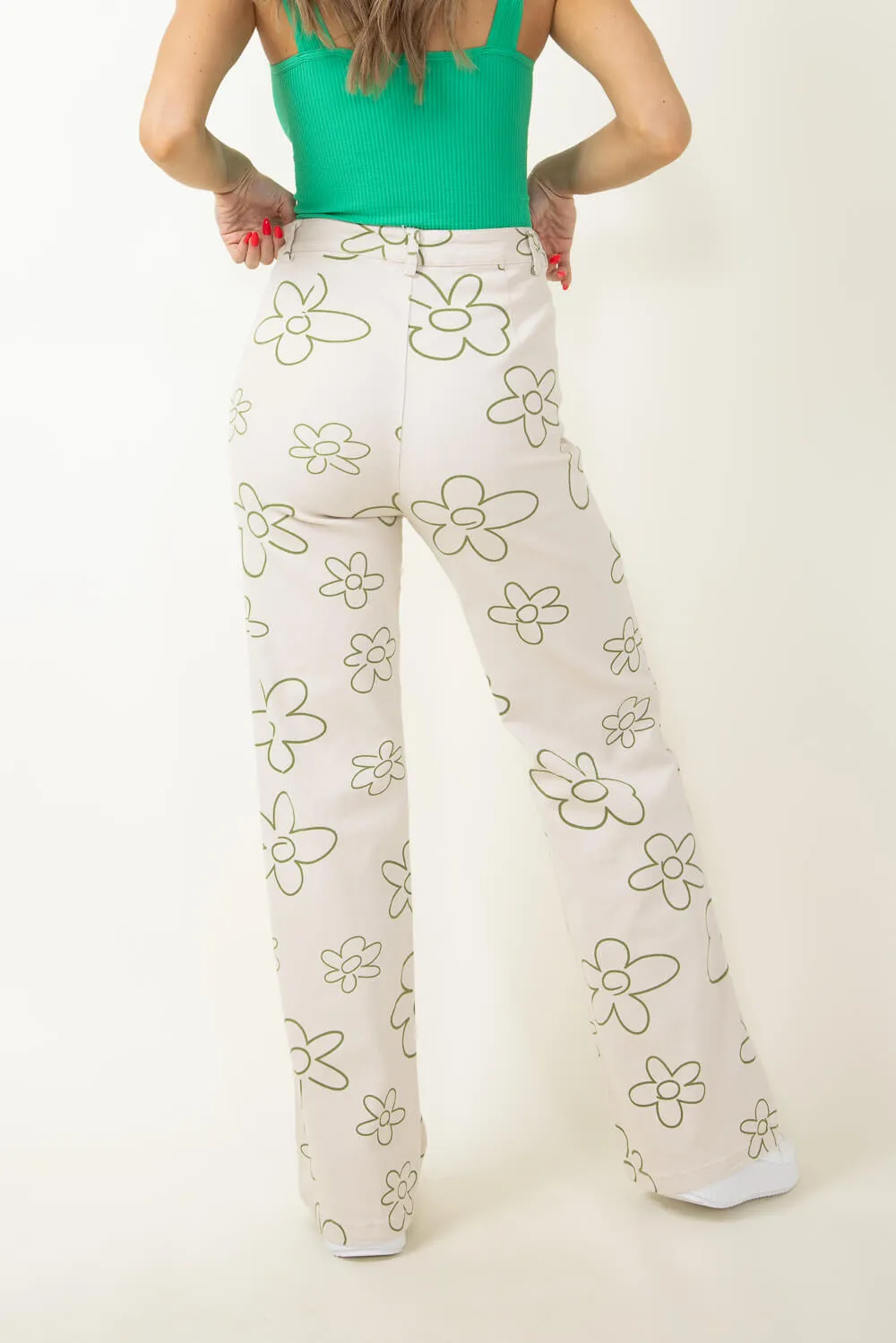 Bailey Rose Wide Leg Floral Printed Pants for Women in Olive | BRP1137GS-OLIVE