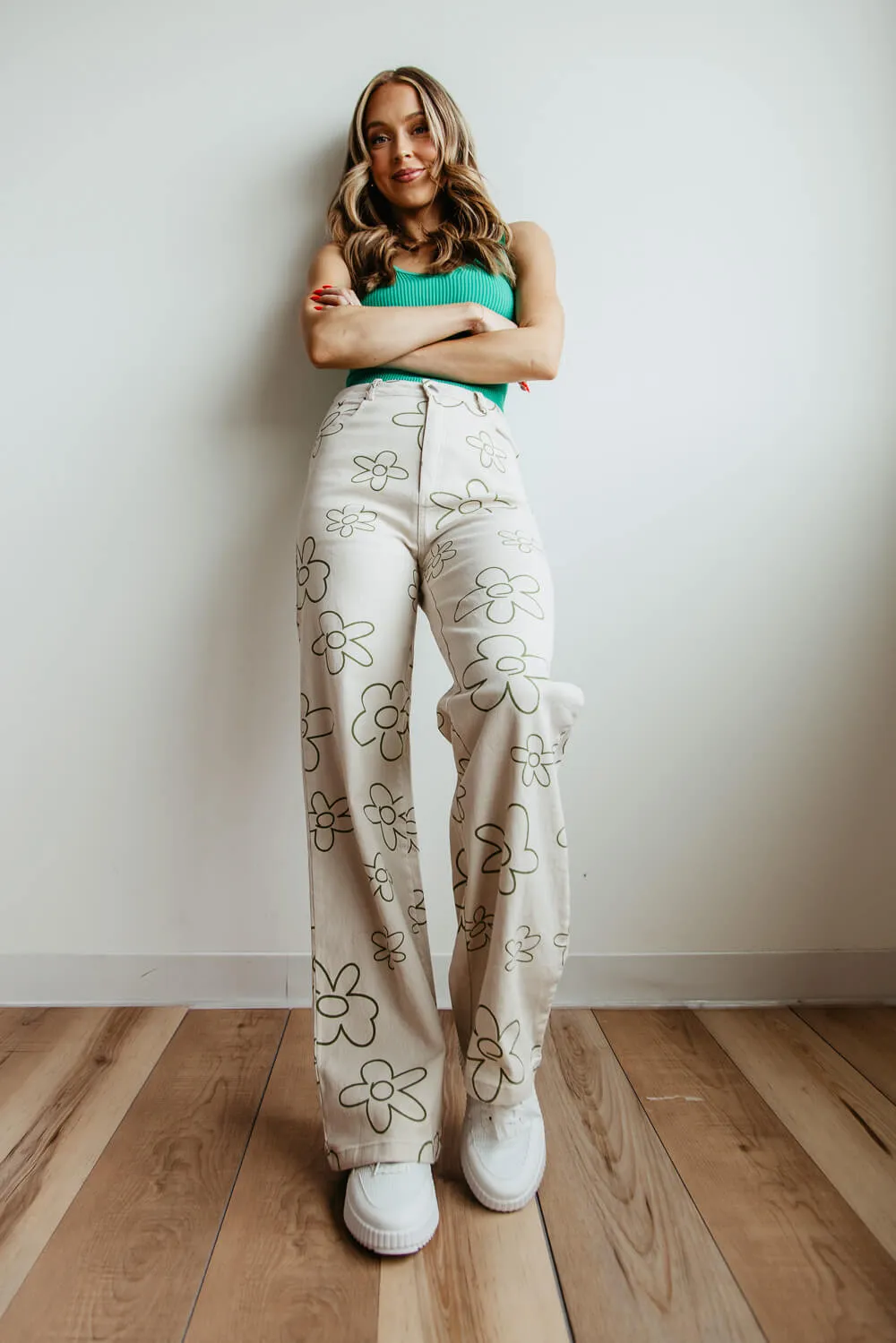Bailey Rose Wide Leg Floral Printed Pants for Women in Olive | BRP1137GS-OLIVE