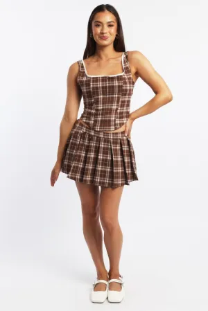 Beige Check Mini Skirt Skort Mid Rise Pleated Stretch Lining