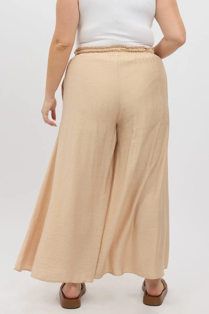 Beige Paperbag Waist Very Wide Leg Pants