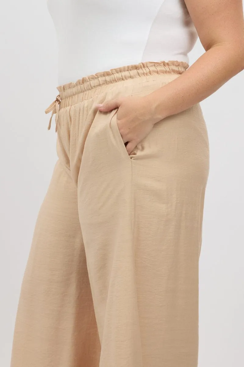 Beige Paperbag Waist Very Wide Leg Pants