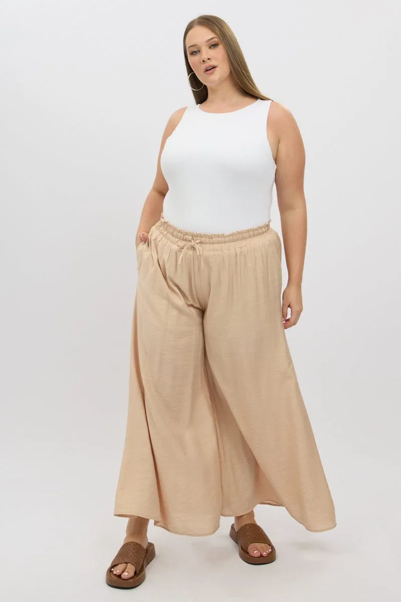Beige Paperbag Waist Very Wide Leg Pants