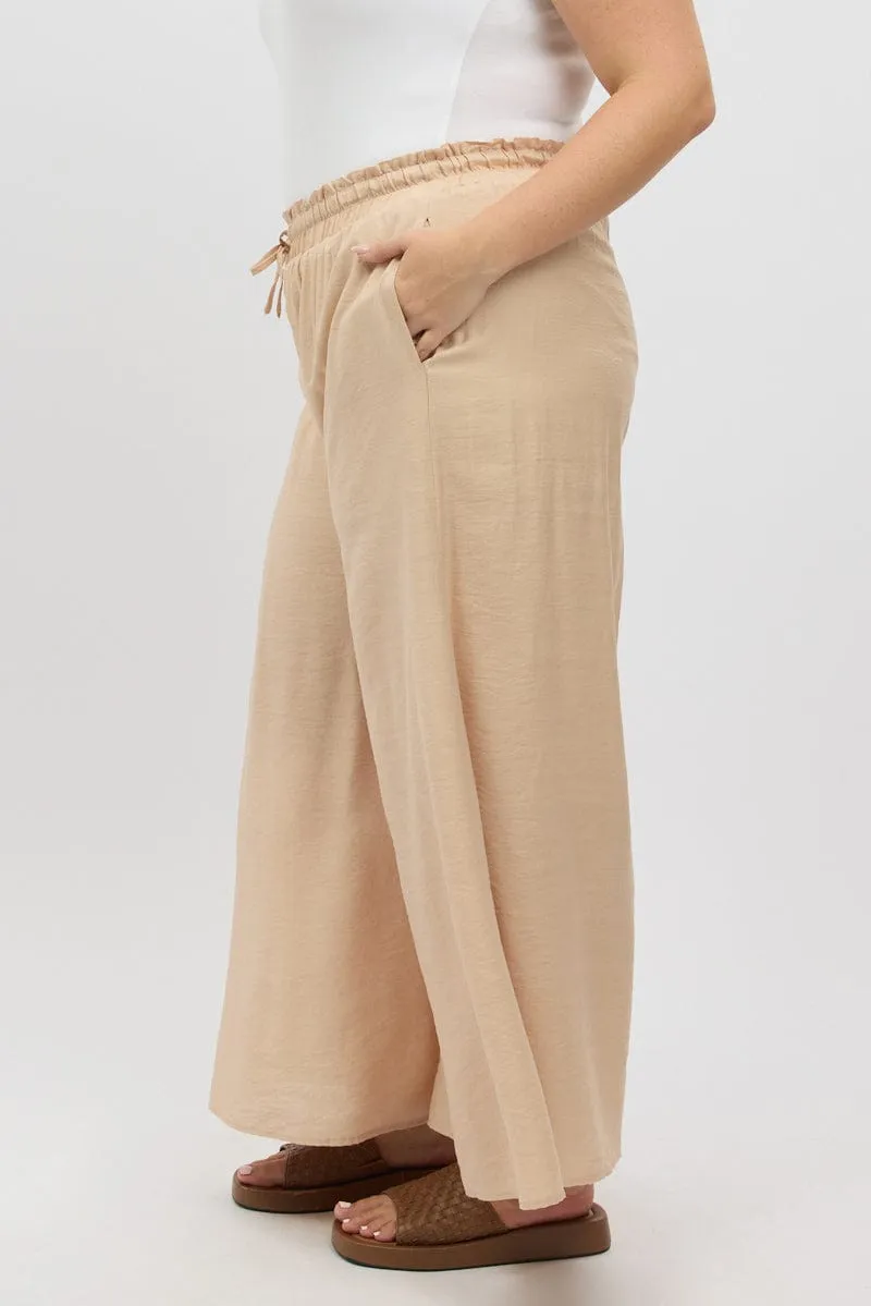 Beige Paperbag Waist Very Wide Leg Pants