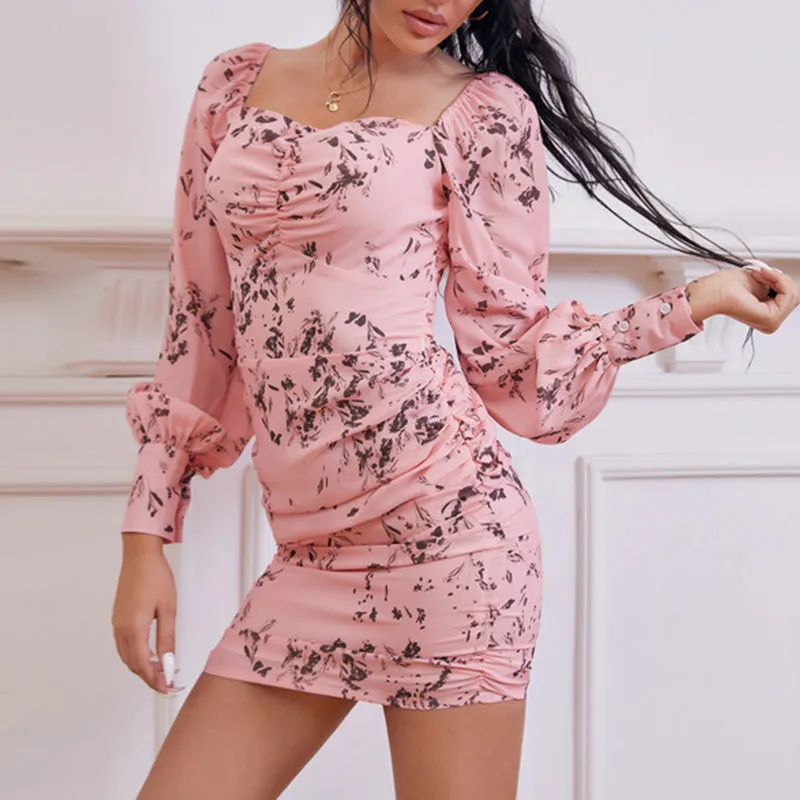 BerryBetty - Floral Long Sleeve Square Neck Ruched Bodycon Dress