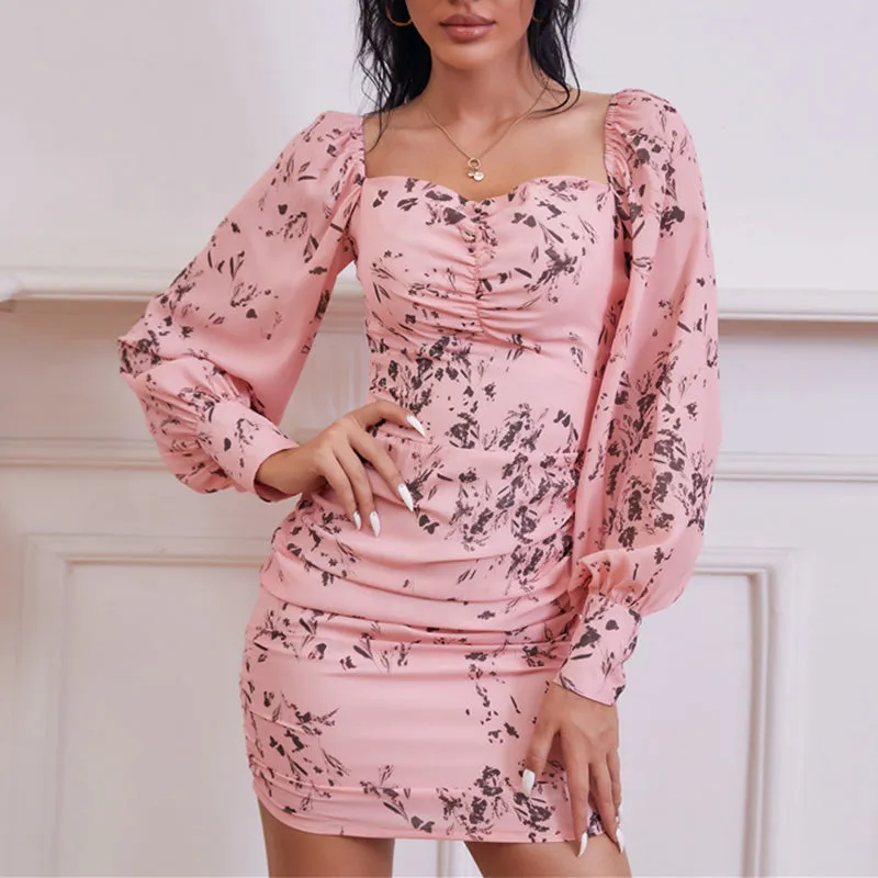 BerryBetty - Floral Long Sleeve Square Neck Ruched Bodycon Dress