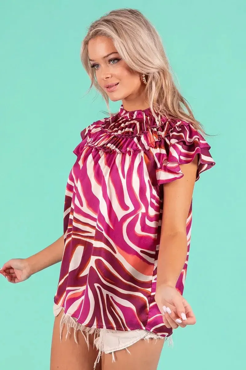 BiBi Tiered Ruffle Neck Zebra Pattern Top