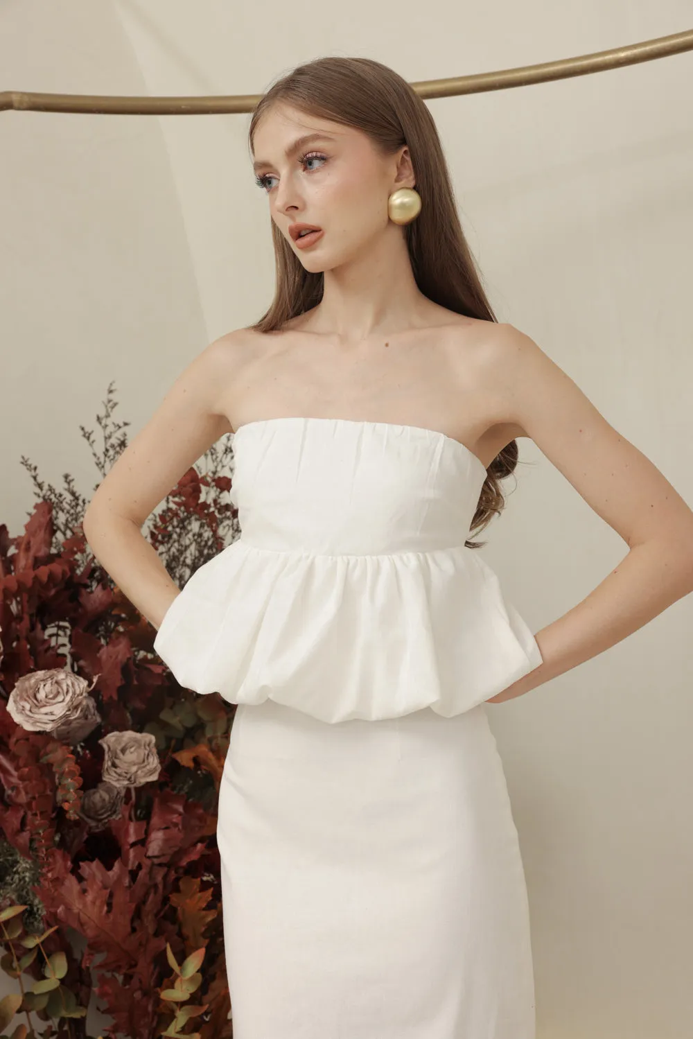 BIJOU DRESS Strapless Peplum Top and Pencil Skirt (Ivory White Linen)
