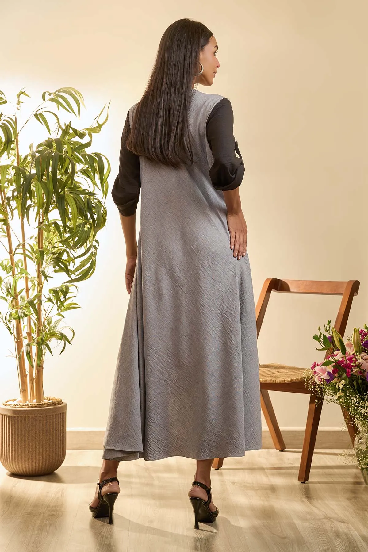 Black & Grey High-Low Midi Dress