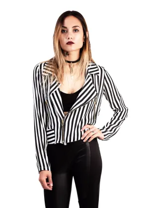 Black And White Striped Cropped Moto Jacket