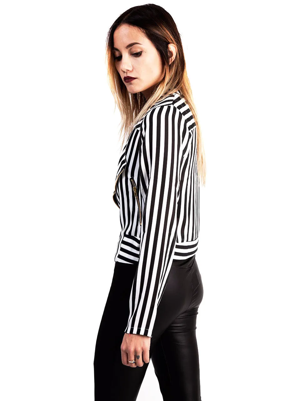 Black And White Striped Cropped Moto Jacket