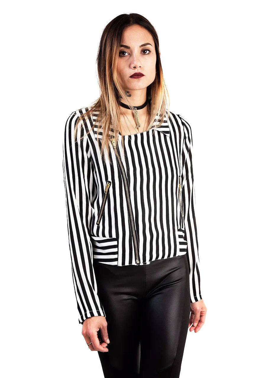 Black And White Striped Cropped Moto Jacket