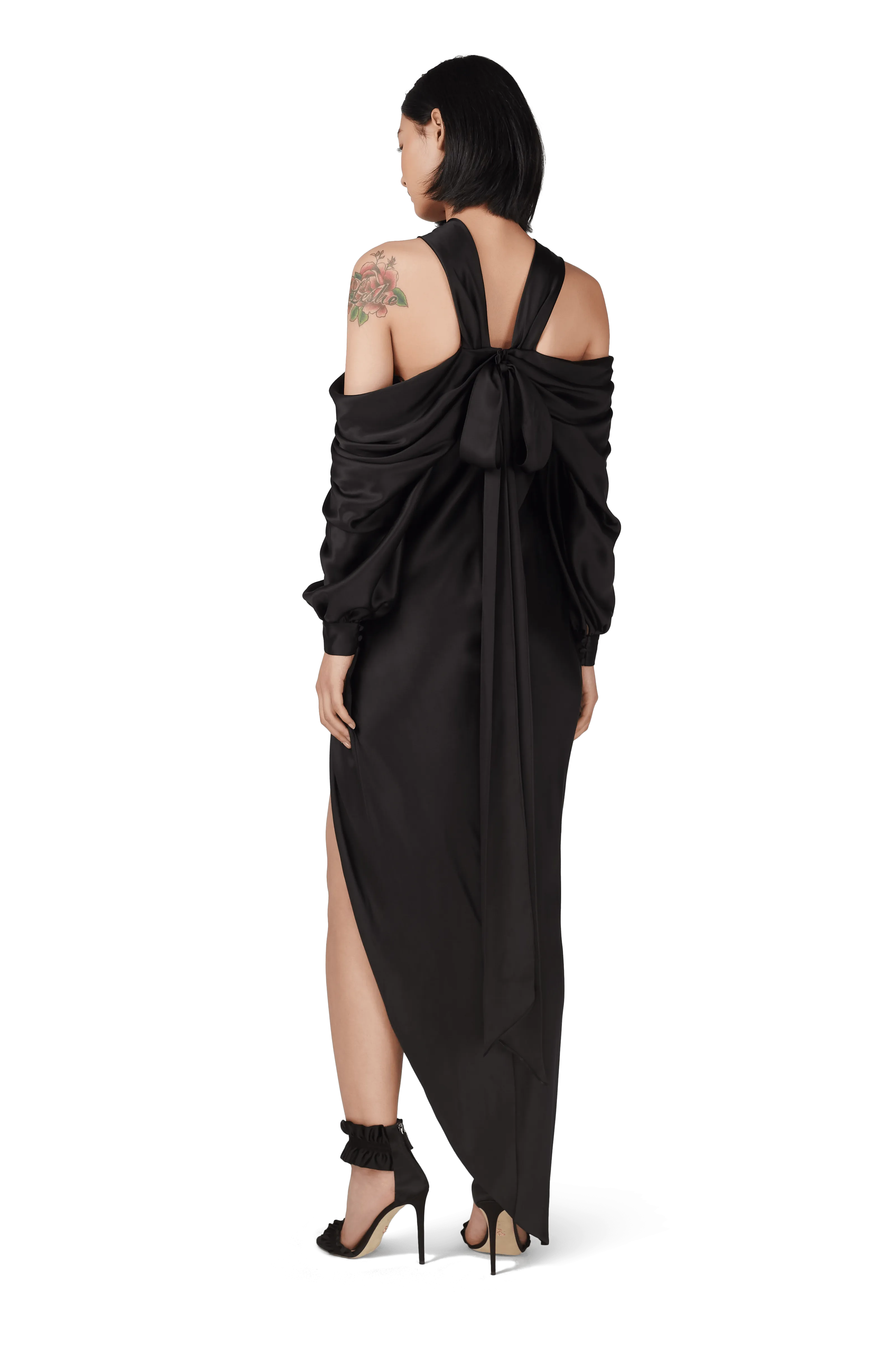 Black Double Silk Satin Off The Shoulder Draped Dress